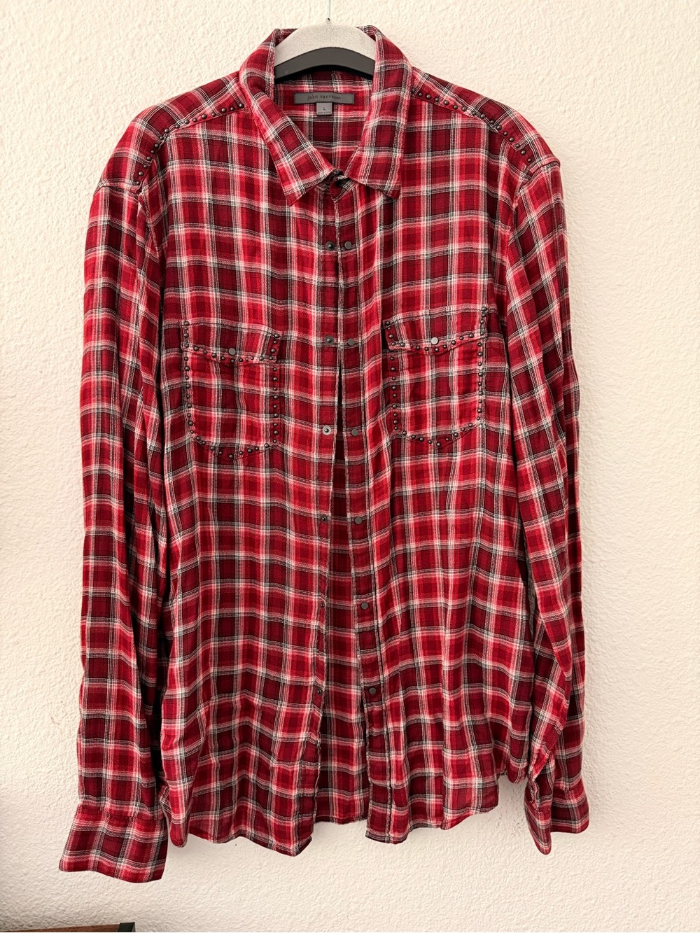John Varvatos Studded Plaid Snap Button Flannel Shirt Red Size L Western Rock